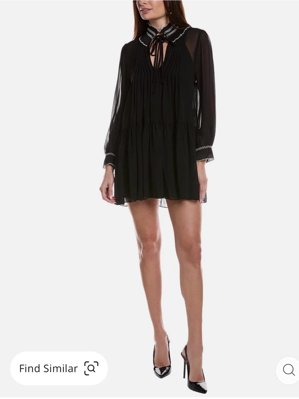 Sandro Chiffon Black Sheer Tie-Neck Mini Dress with Long Sleeves